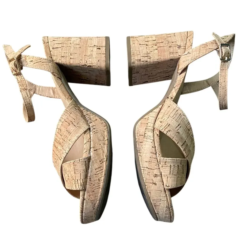 Reaction Kenneth Cole Sandals Women Sz 9 Brown Cork Platform Block Heel